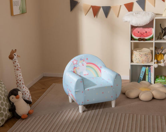 Divano per Bambini a Forma di Unicorno 55 x 40 x 55cm, Poltrona Imbottita con Tessuto Elastico Traspirante e Riempimento in Spugna, Mobile Moderno per Cameretta (Blu)