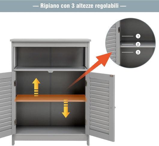 Armadietto del Bagno, Armadietto di Legno con Doppie Ante a Persiana e Mensola Regolabile, Armadio per Bagno Salone Camera da Letto (Grigio)