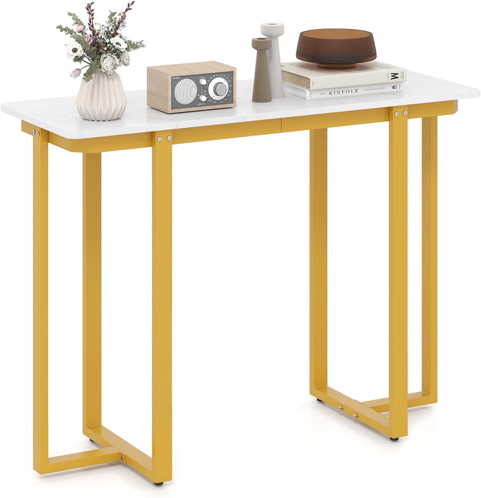 Tavolo Consolle, Tavolo d'Ingresso Moderno in Marmo Finto con Telaio Geometrico in Metallo, Tavolo Stretto per Soggiorno, Corridoio e Ingresso, 107 x 40 x 79,5 cm (Oro e bianco)