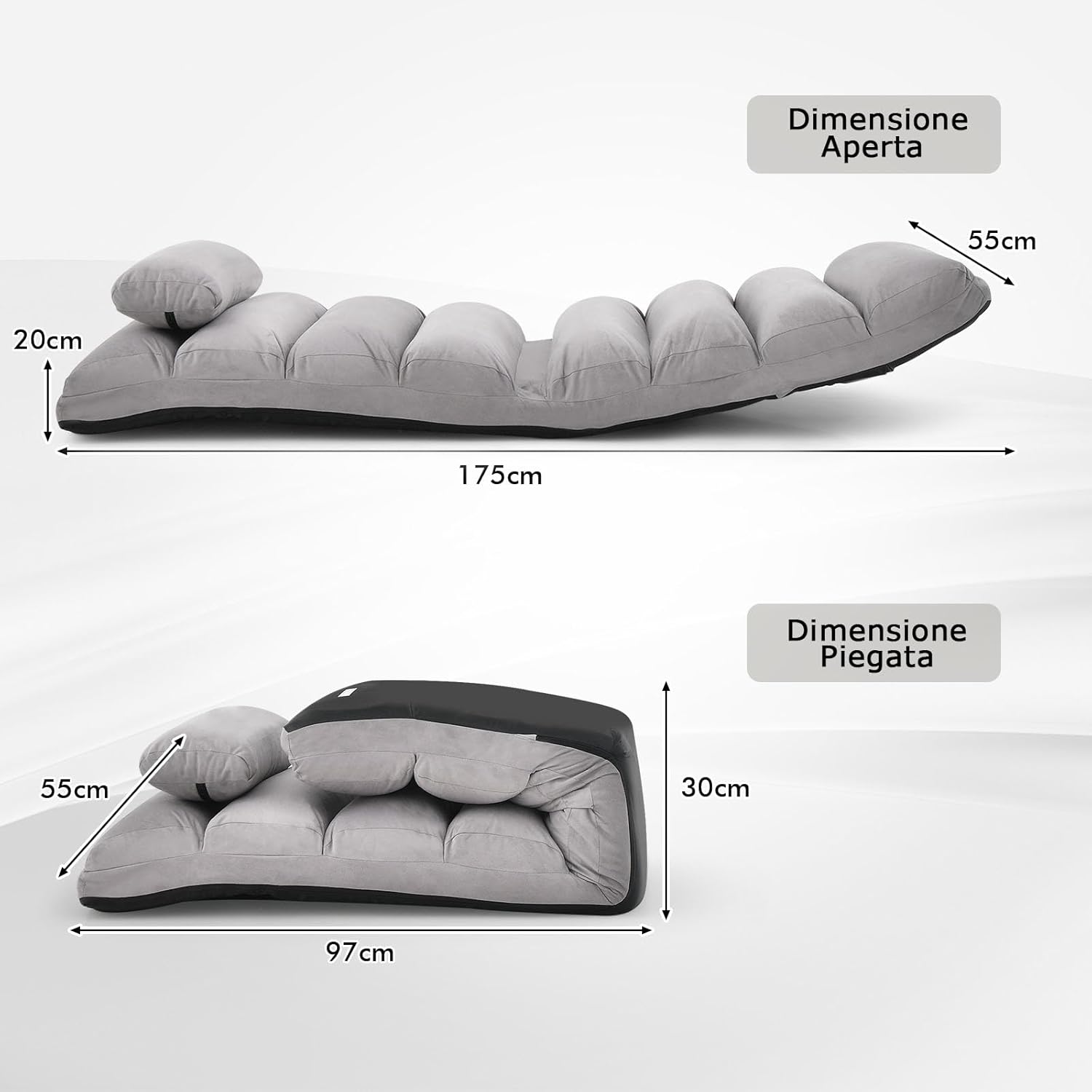 Sedia Pieghevole da Pavimento Portatile, Divano Imbottito, Regolabile in 5 Posizioni, Supporto per la Schiena, Ideale per Rilassarsi Leggere (Grigio)