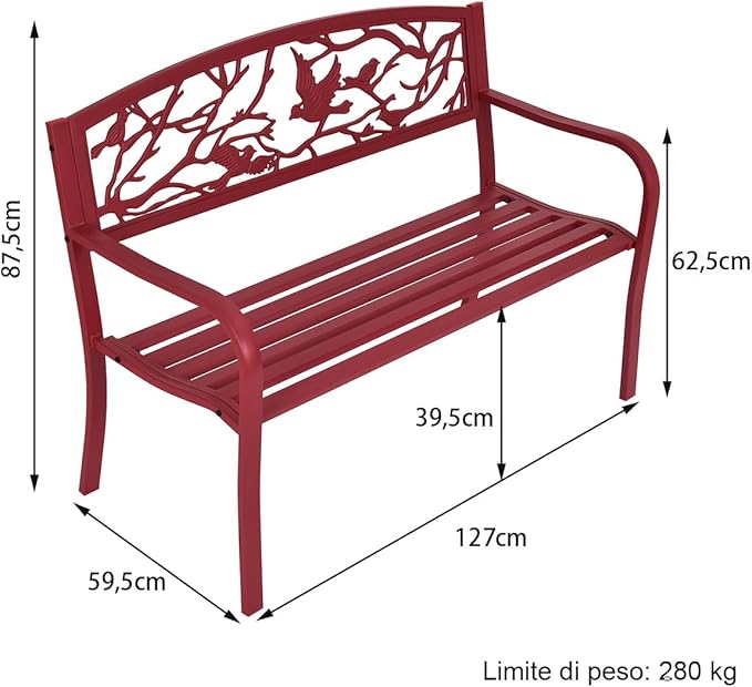 Panchina da Esterno, Panchina in Metallo con Schienale, Sedile Spazioso e Braccioli Ergonomici, Panchina da Giardino, Balcone e Cortile, Portata 280kg, 127 x 59,5 x 62,5 cm