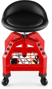 Sgabello da Officina, Sgabello Meccanico Rotante con Vassoio Porta Attrezzi, Regolabile in Altezza e 4 Ruote Universali, capacità di 150 kg, per Garage, Officina (Rosso)