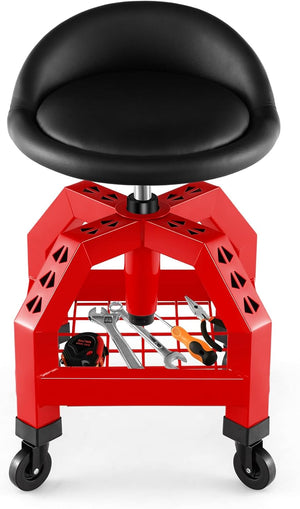 Sgabello da Officina, Sgabello Meccanico Rotante con Vassoio Porta Attrezzi, Regolabile in Altezza e 4 Ruote Universali, capacità di 150 kg, per Garage, Officina (Rosso)