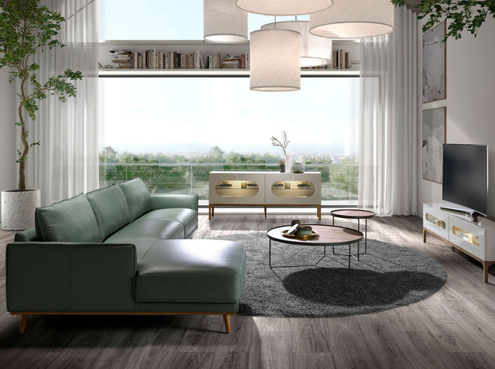 Divano chaise longue sinistro in pelle verde