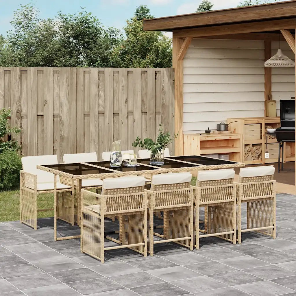Set da Pranzo da Giardino 9 pz con Cuscini Beige in Polyrattan