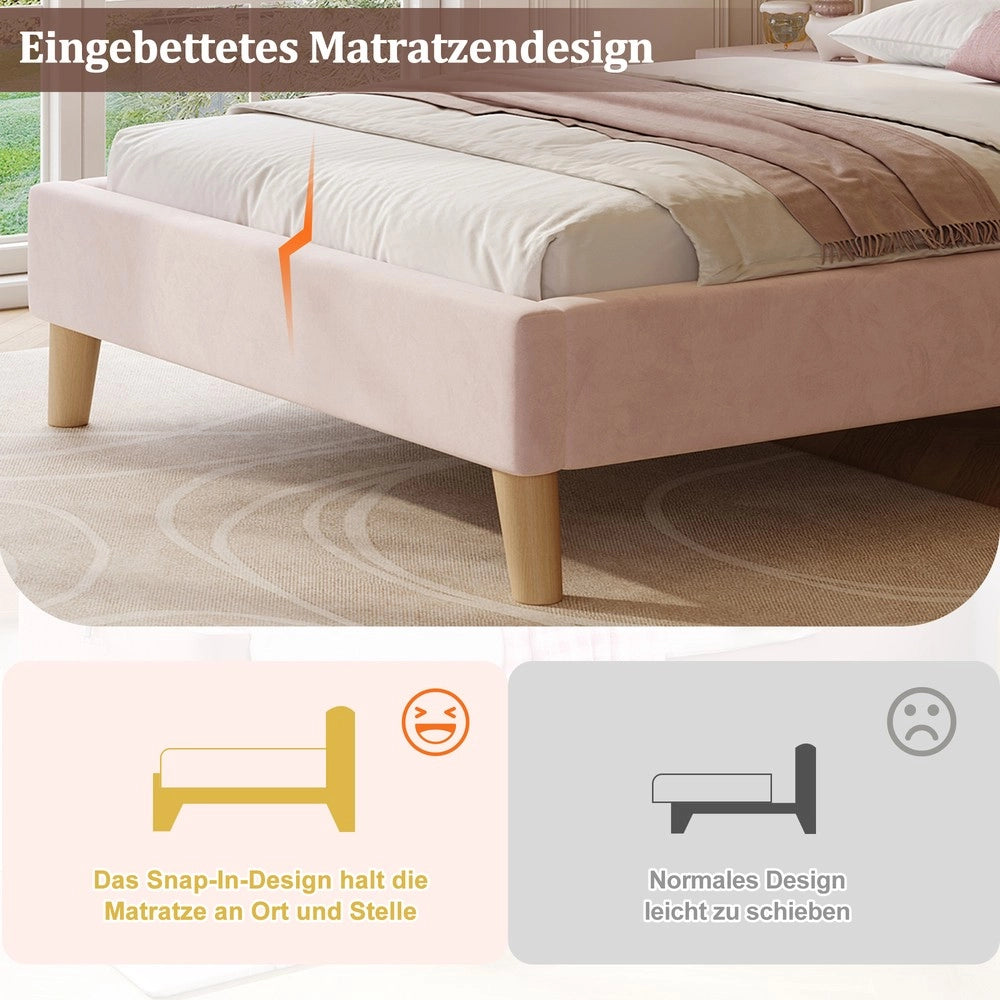 Letto Singolo Imbottito con Testiera in Velluto e Doghe ¨C MINIMAL ¨C Rosa 90x200