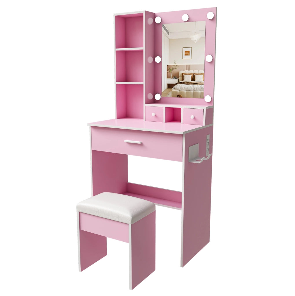 Toeletta con specchio LED, presa, cassetti e sgabello imbottito rosa