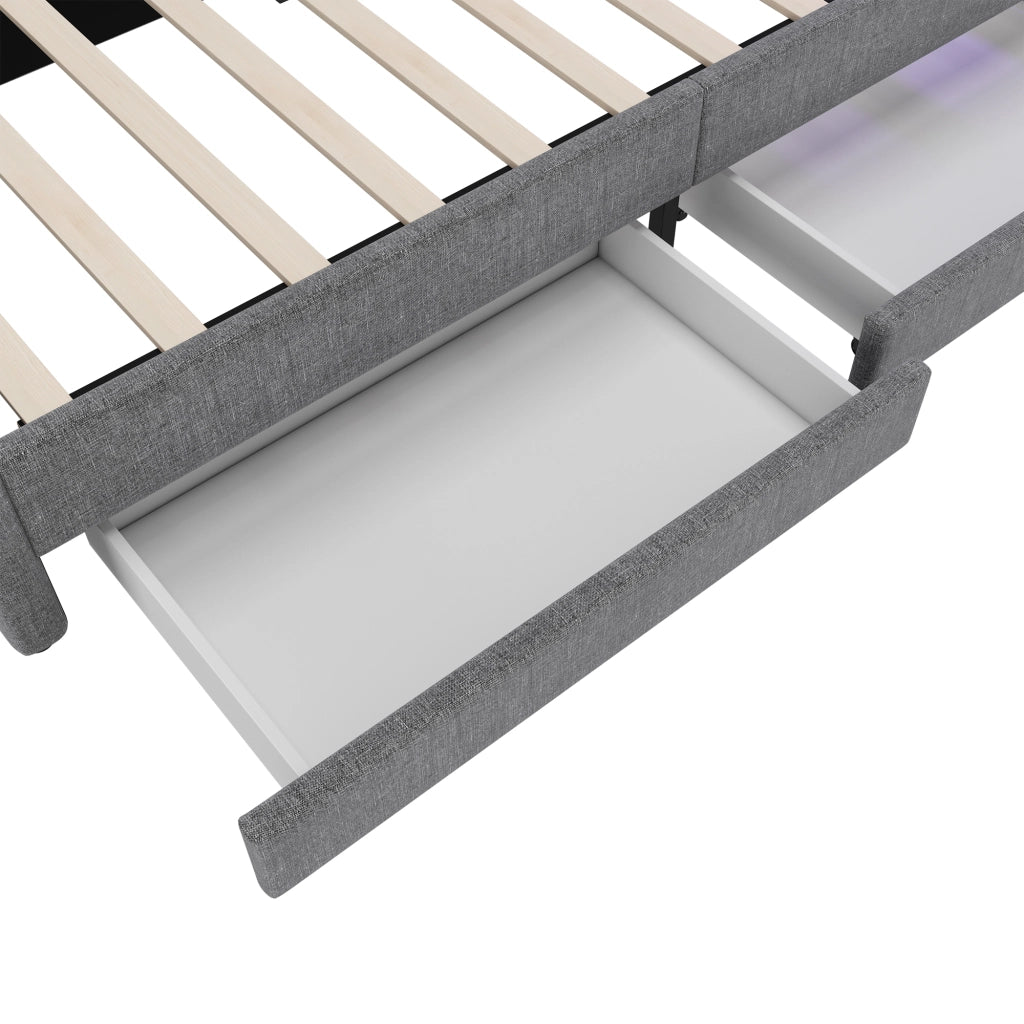 Letto singolo 90×200 cm con LED; USB e Type-C; 2 cassetti e ripiani; senza materasso; lino; grigio