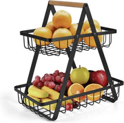 Etagere per frutta - 2 Livelli - Scatola per Frutta - Legno e Metallo in Bambù - Etagere per Frutta in Piedi - Scatola per Patate - Organizzatore del Lavello - Cassetto per Frutta