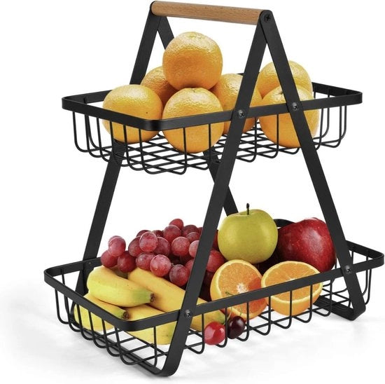Etagere per frutta - 2 Livelli - Scatola per Frutta - Legno e Metallo in Bambù - Etagere per Frutta in Piedi - Scatola per Patate - Organizzatore del Lavello - Cassetto per Frutta