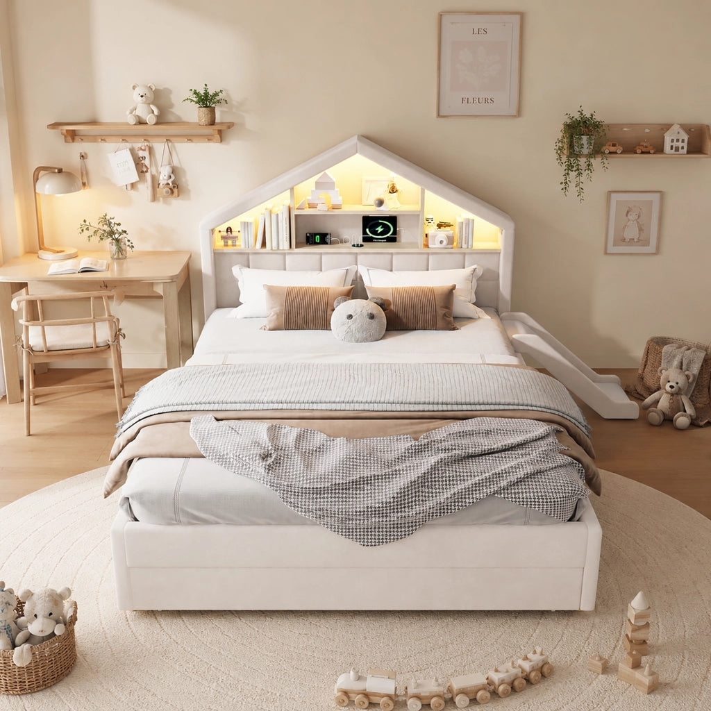 Letto per bambini imbottito 140x200 cm beige con scivolo; LED e vano contenitore