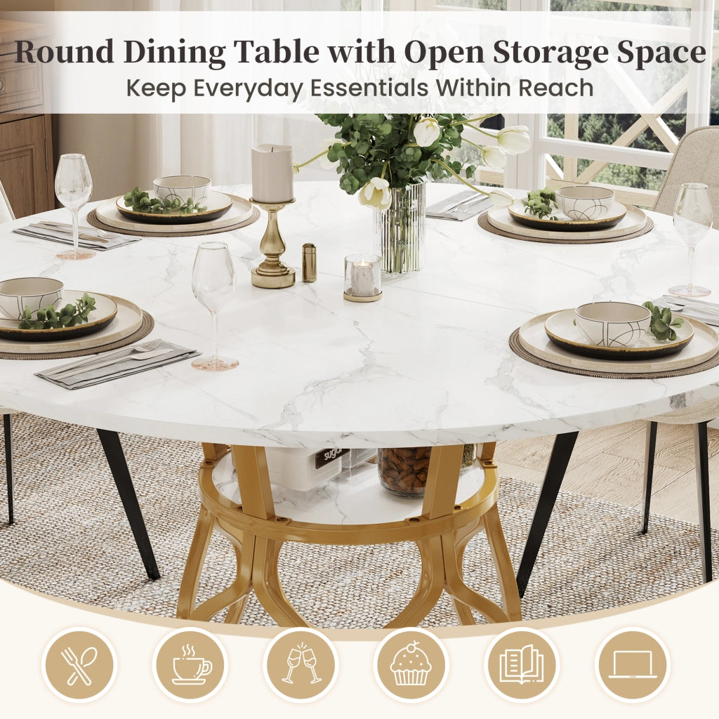 Tavolo da pranzo rotondo con ripiano, per 4-6 persone, in MDF e metallo, bianco e oro, 100 × 100 × 75 cm