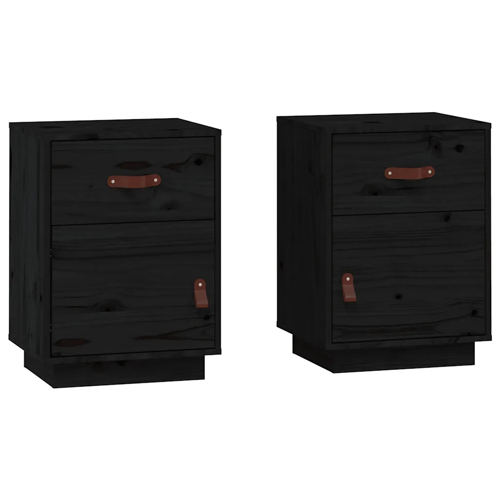 Set di 2 Comodini | Armadio da Notte | Mobiletto da notte Neri 40x34x55 cm in Legno Massello di Pino