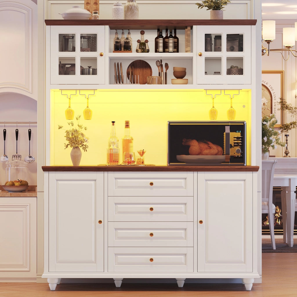 Credenza alta con LED RGB, ripiani regolabili e 4 cassetti, per cucina e soggiorno, in MDF, bianco, 140 × 40 × 179,5 cm