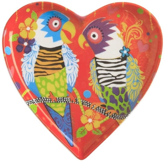 Piatto a forma di cuore in porcellana rossa, con disegno di pappagallo, modello "Tiger Tiger", dimensioni 15,5 cm, confezionato in scatola regalo, linea "Love Hearts
