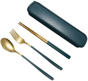 Set di cucito in acciaio inossidabile, forchetta, coltello, spiedini da cibo, valigetta da viaggio, borsa gialla e verde.