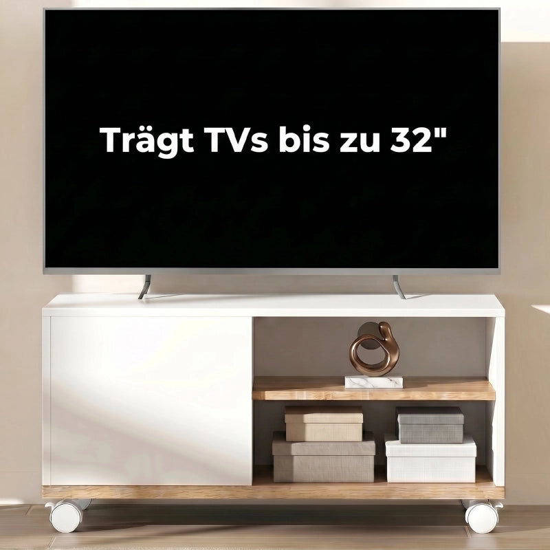 MOBILE TV su ruote 80x45x41 cm Bianco e Quercia con anta e ripiano regolabile