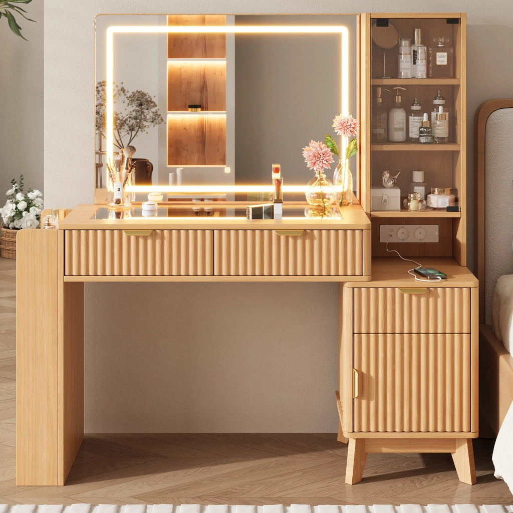 Toeletta con specchio LED, prese elettriche USB e USB-C, 3 cassetti e vani laterali, 133x136x40 cm, Natural