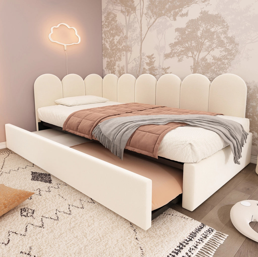 Letto daybed imbottito beige 90x200 cm con letto estraibile 90x190 cm