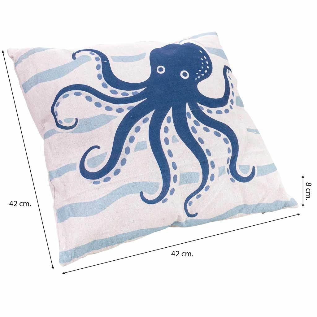 Cuscino in cotone con polpo blu, 40x40x15h cm