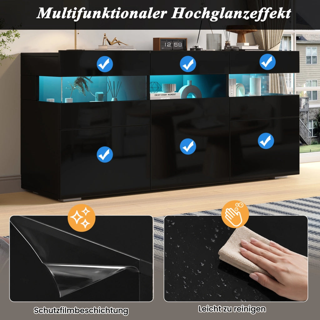 Sideboard moderno nero 140 cm con 3 ante, LED controllabile via app e 7 vani