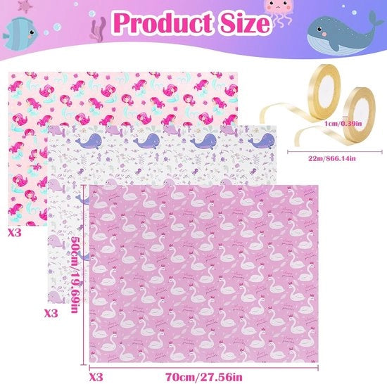 Cadeaupapier per bambini - 9 pezzi 50 x 70 cm con temi come sirena, cigno, balena