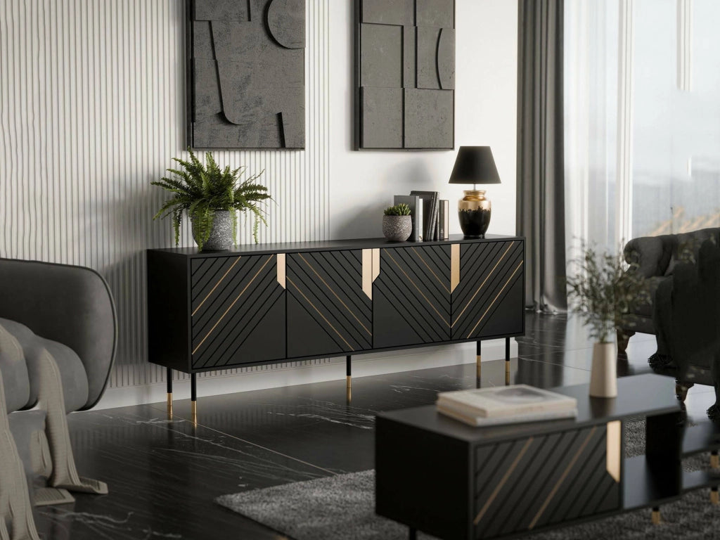 Credenza Landiona, Madia da salotto con quattro ante battenti e vani interni, Rialzata da terra, 204x40 h72 cm, Nero e Oro