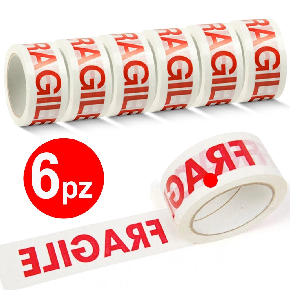 Trade Shop - 6 Nastro Adesivo Per Imballaggio Chiusura Scatoli 48mm X 132mt Scritta Fragile -