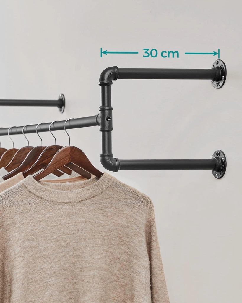 Attaccapanni da Muro, Barra Appendiabiti da Parete a Tubo, Stile Industriale, Salvaspazio, 30 x 112 x 29,3 cm, Portata di 60 kg, Montaggio Facile, per Spazio Stretto, Nero HSR64BK
