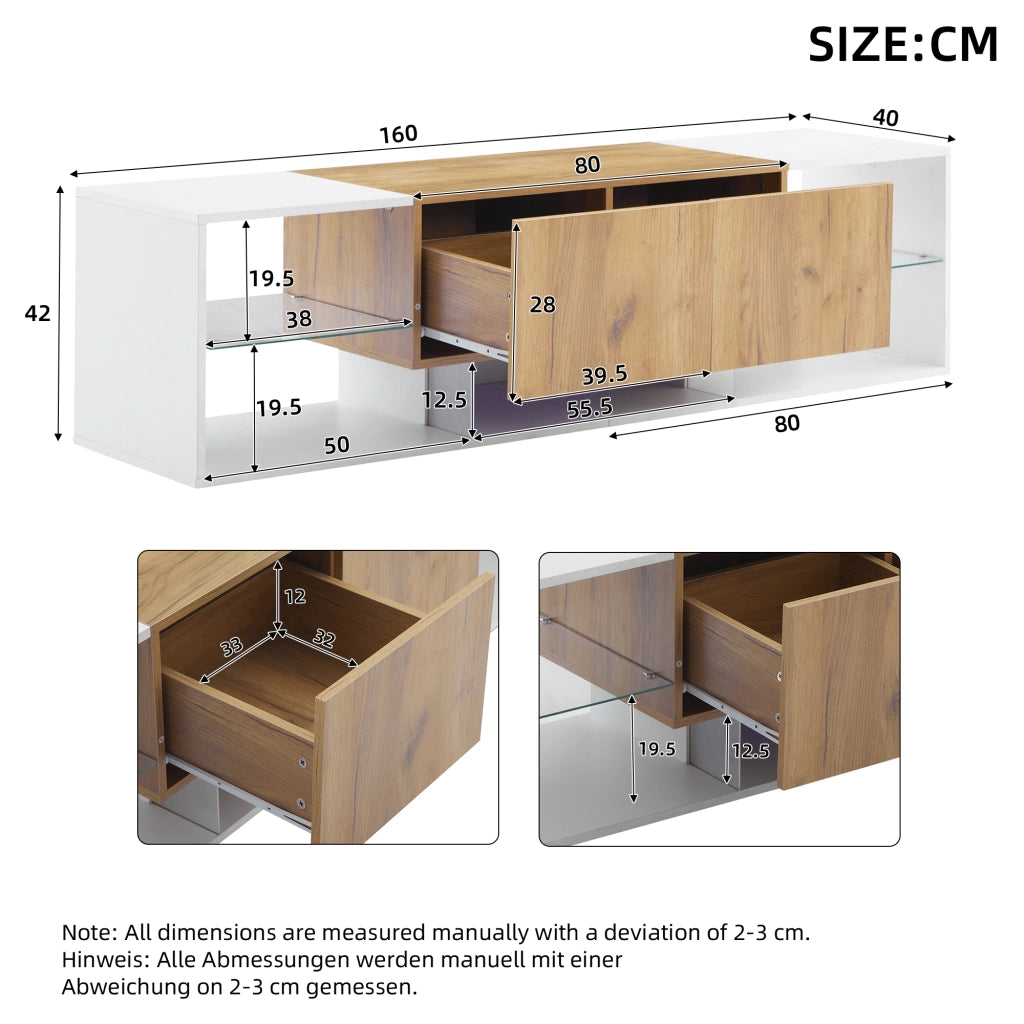 Mobile TV con 2 cassetti e LED - per soggiorno - 160x40x42 cm - in truciolare - bianco