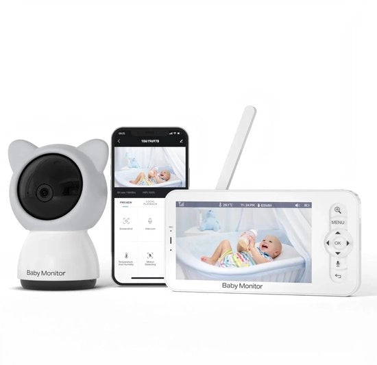 Monitor per Bambino - Camera con 355° PTZ - Raggio di Azione 300 m - Video Bidirezionale - Visione Notturna - Display 5 pollici LCD - Intercom Video - Colore Grigio