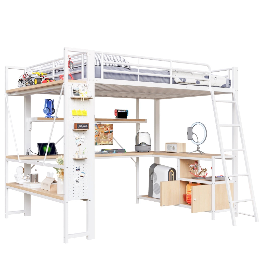 LETTO Soppalco 140x200 cm in metallo e MDF bianco con scrivania, LED e USB