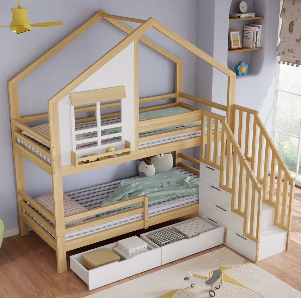 Letto a castello per bambini 90x200 cm con cassetti e scala contenitore