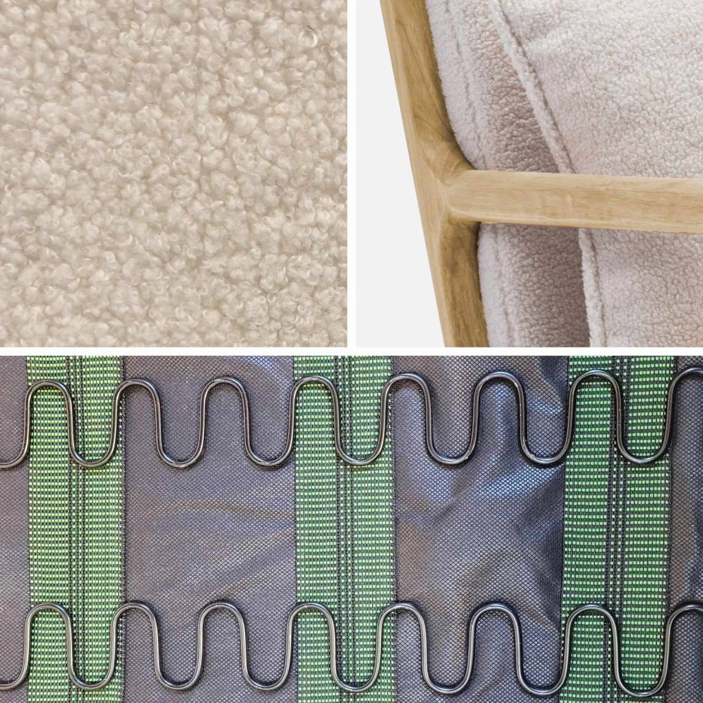 Poltrona scandinava in legno e tessuto bouclé, bianco