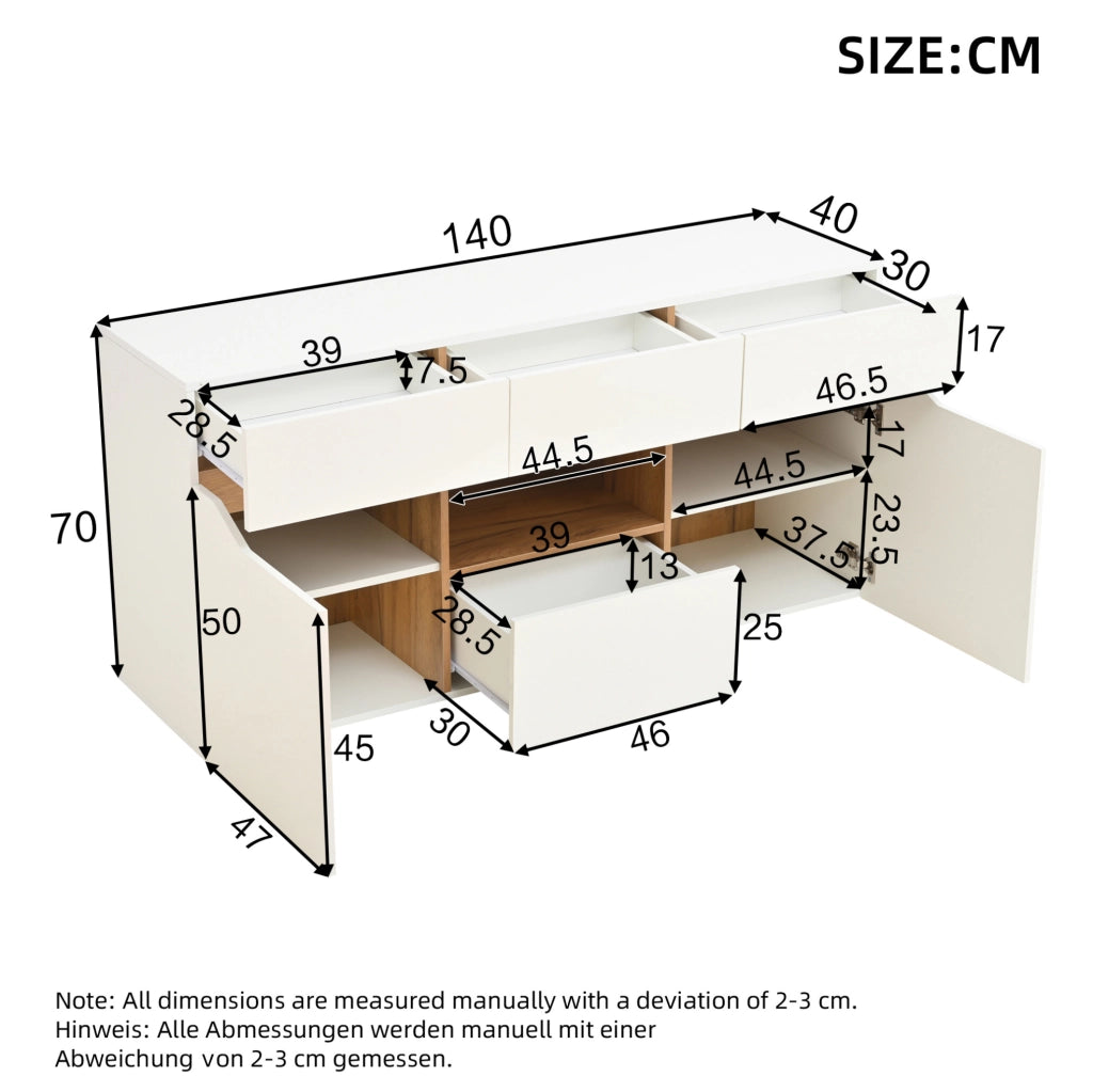 Credenza LED bianca e legno, 4 cassetti e 2 vani