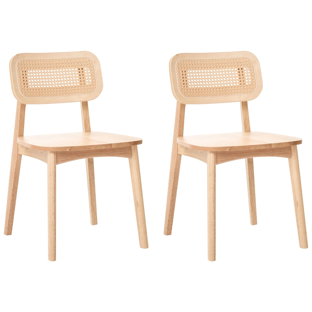 Set di 2 sedie da pranzo con struttura in legno di gomma marrone chiaro schienale in rattan senza braccioli design retrò