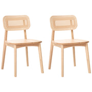 Set di 2 sedie da pranzo con struttura in legno di gomma marrone chiaro schienale in rattan senza braccioli design retrò