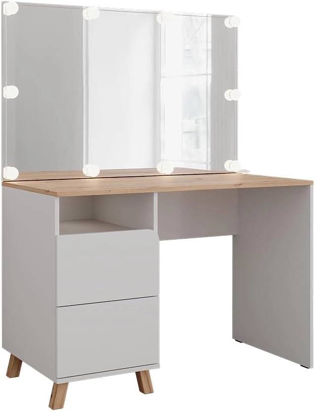 Tavolo da toeletta Karen, Bianco/Artisan, 110 cm con luci fiabesche a LED, Materiali robusti per un utilizzo duraturo