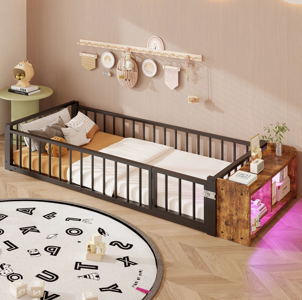 Letto 90x200 cm con sponda; vano portaoggetti e LED in metallo e MDF