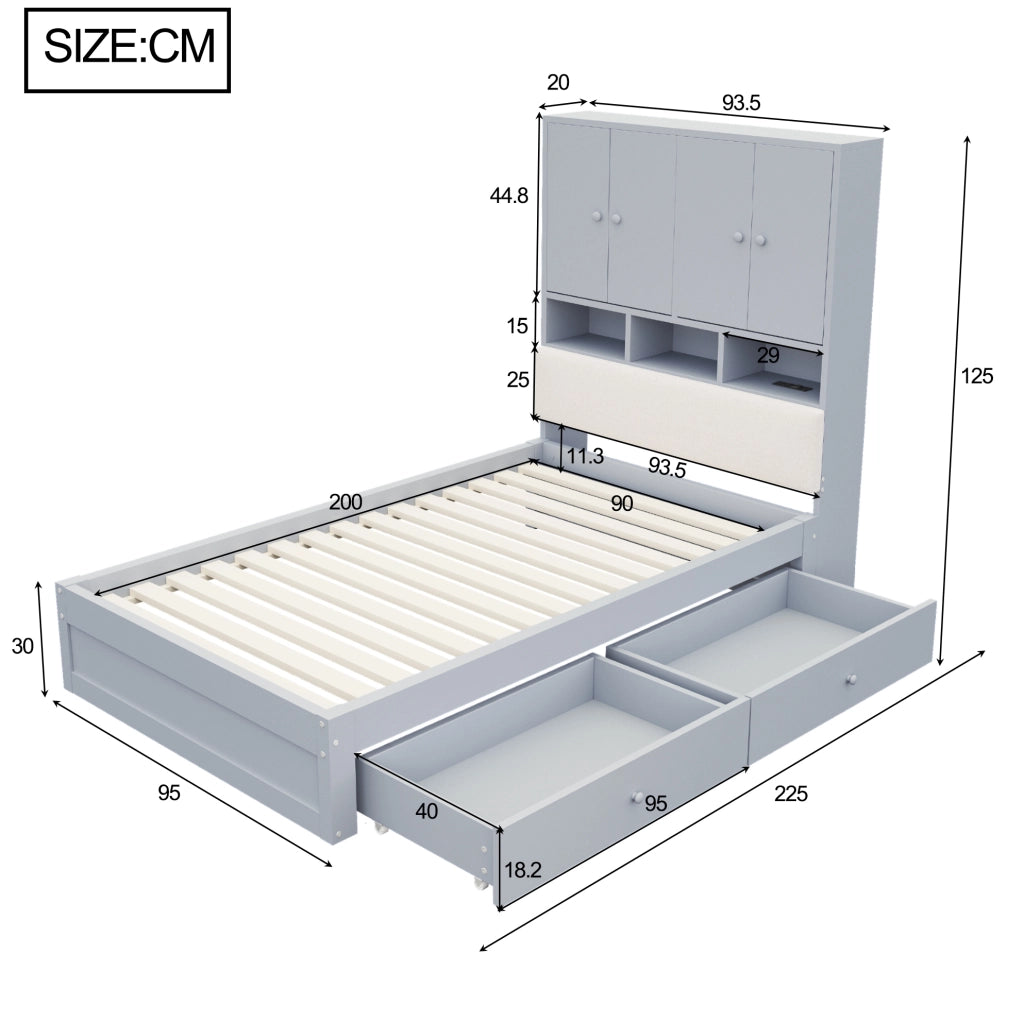 Letto singolo multifunzione 90x200 cm con contenitore; LED; presa e cassetti; grigio
