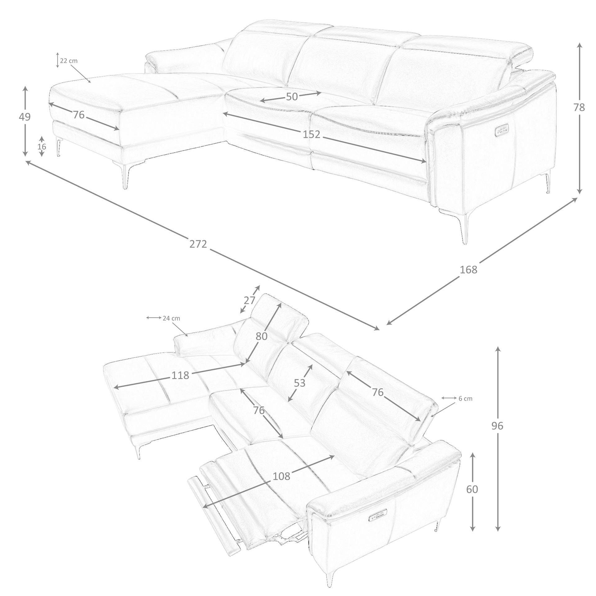 Divano relax con chaise longue sinistra in pelle nera