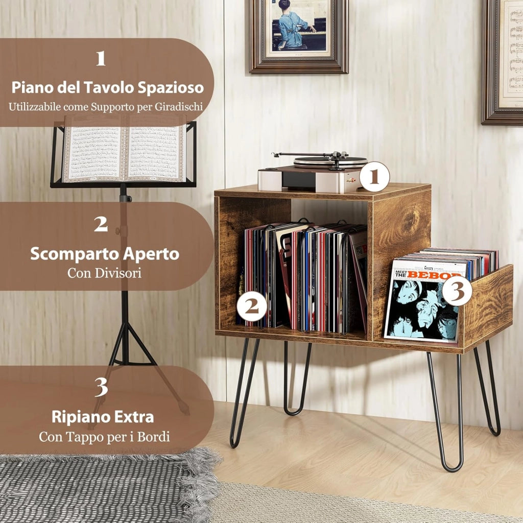Supporto per Giradischi con Presa di Corrente, Espositore per Dischi con Presa di Corrente e Porta USB, capacità Fino a 145 Album, per Soggiorno e Camera da Letto, 66 x 45 x 67 cm (Marrone)
