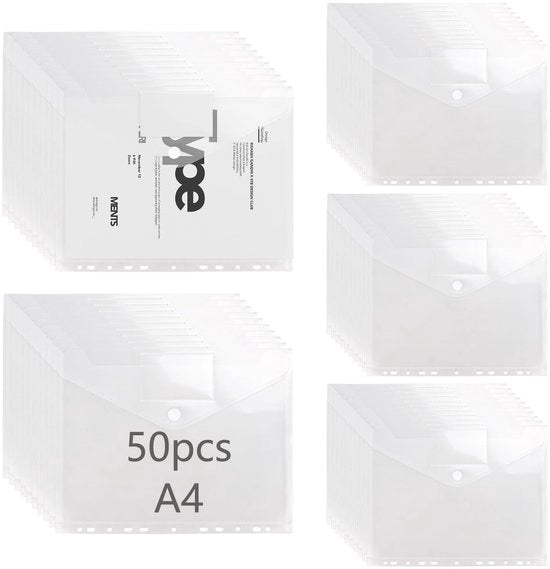 Confezione da 50 tasche per documenti A4, cartelle per documenti A4 per archiviazione, tasche per documenti trasparenti, archiviazione con 2 chiusure con clip, cartelle con 11 bordi a galetto per scuola, ufficio, organizzazione