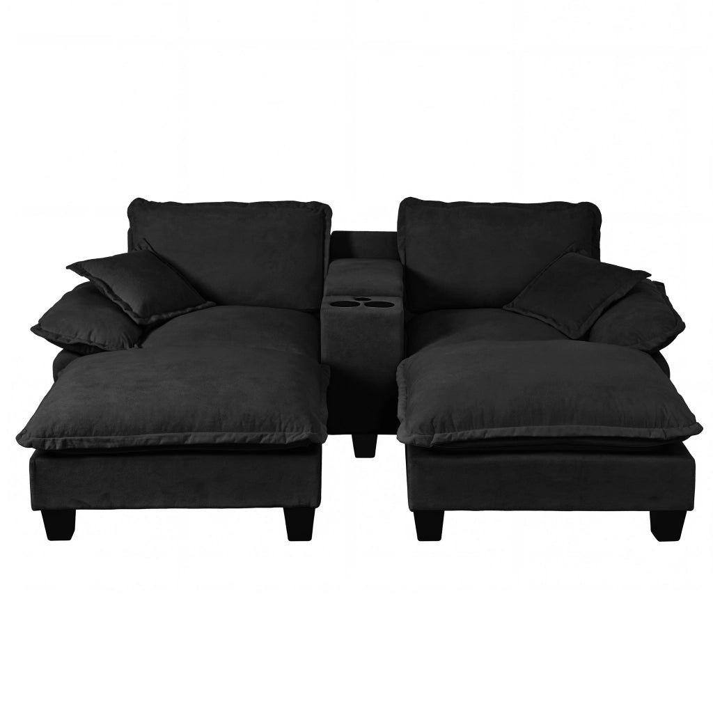 Divano modulare con contenitore USB portabicchieri 2 pouf e 2 cuscini in ciniglia nero 224×151×90 cm