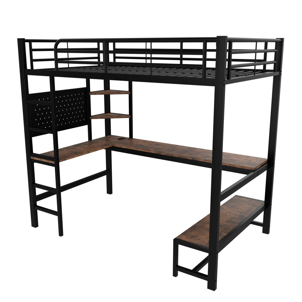 Letto a soppalco ULEVR 90x200 cm con scrivania, ripiani, LED, USB e Type-C, metallo e MDF nero