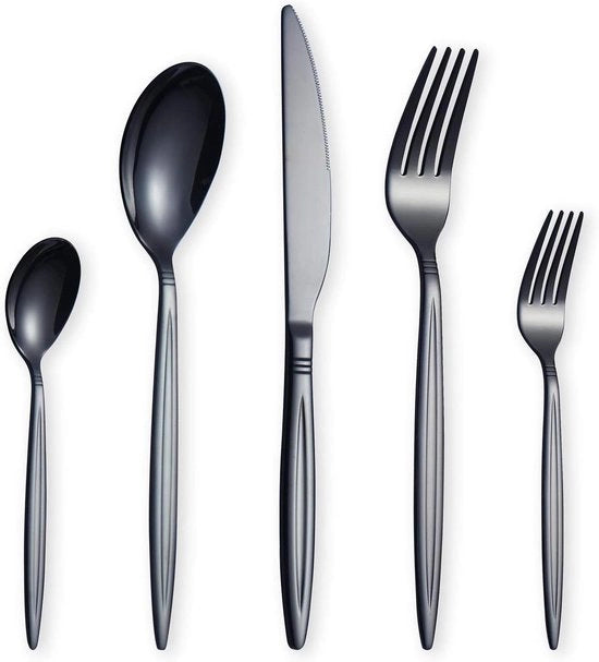 Set di posate in acciaio inossidabile con rivestimento di titanio, 30 pezzi, set da 6 persone in nero lucido