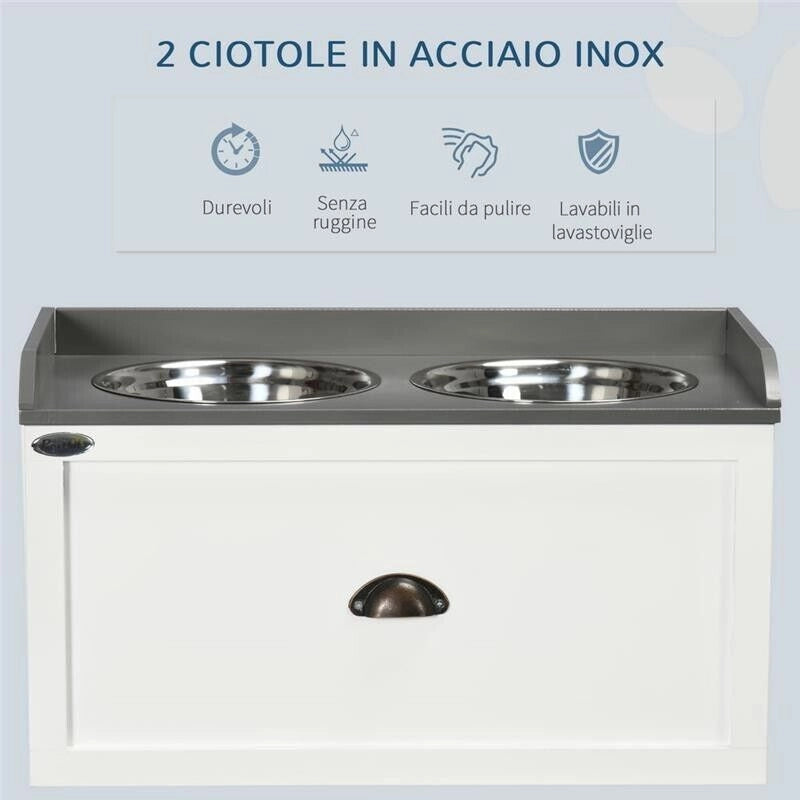 CIOTOLE PER CANI RIALZATE IN ACCIAIO INOX E LEGNO CON CASSETTO, 60X30X36CM, BIANCO E GRIGIO