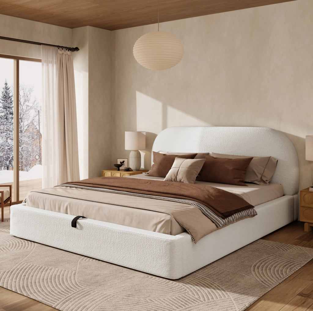 Letto matrimoniale imbottito con contenitore idraulico; testiera imbottita; beige Bouclé