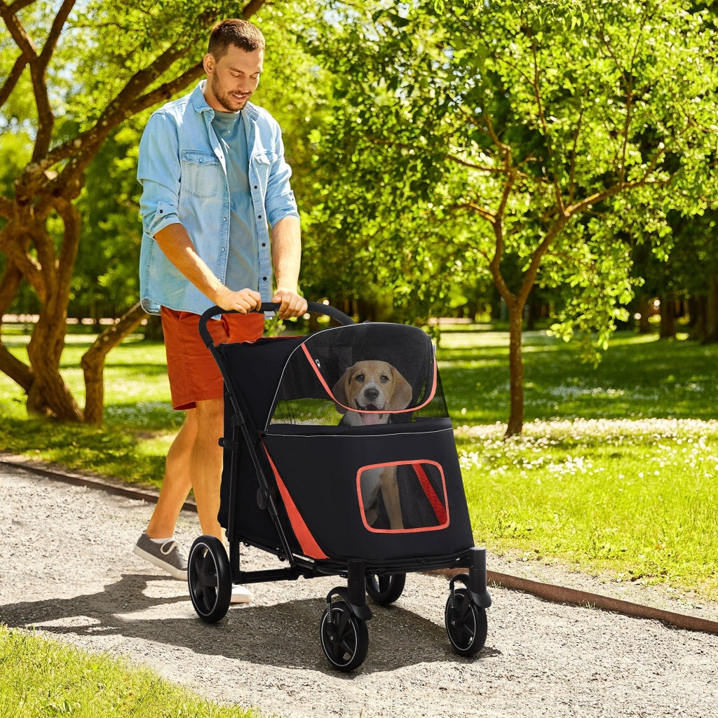 Passeggino per Cani Taglia Media e Grande 112x65x100 cm Pieghevole con Ingressi a Cerniera Nero e Rosso