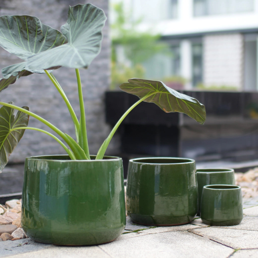 Fioriera a più livelli set di 4 vasi in ceramica artigianale smaltata verde scuro lucida per interni ed esterni